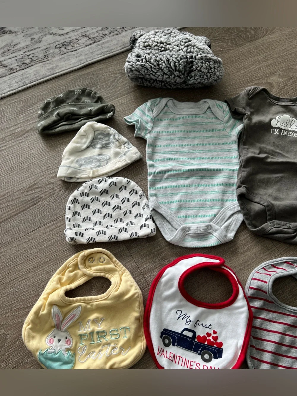 0-3 months onesies, hats and bibs bundle